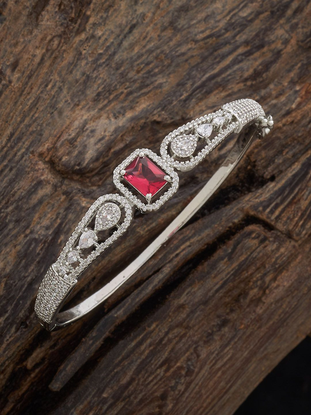 Kushal's Fashion Jewellery Red Rhodium-Plated Zircon Party Kada Bracelet