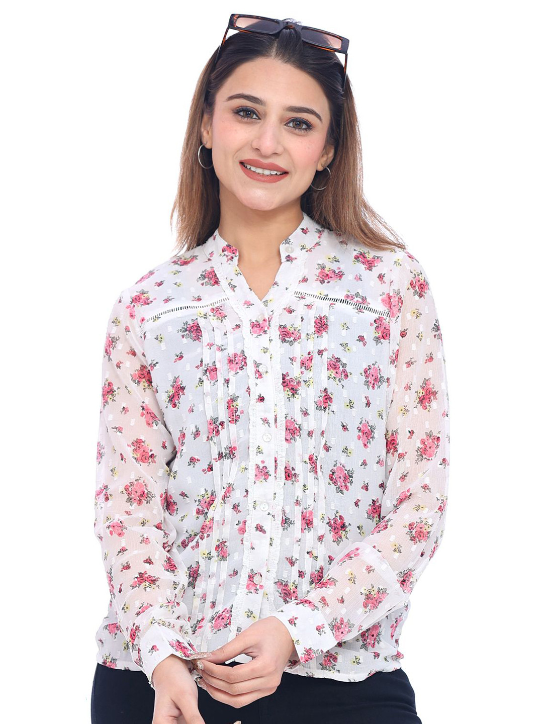 Moda Elementi Mandarin Collar Cotton Georgette Crop Top