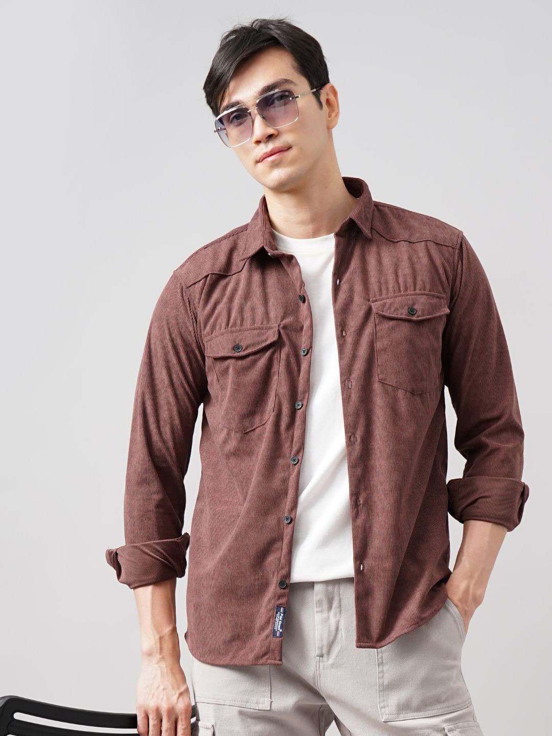PAUL STREET Men Textured Spread Collar Corduroy Shacket