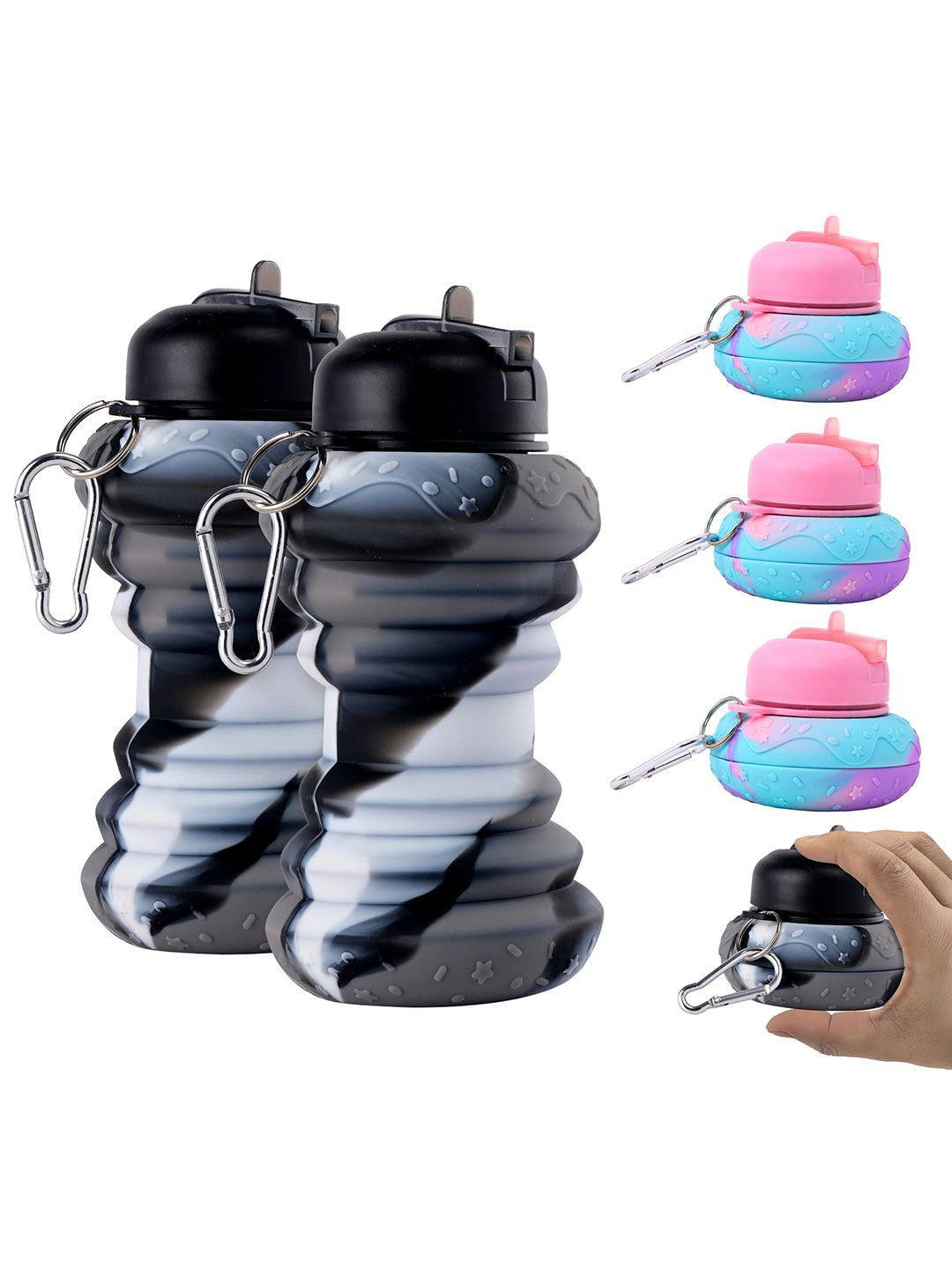 Kuber Industries Collapsible Black Colourblocked Plastic Spill Proof 6 Pcs Sipper - 600ml