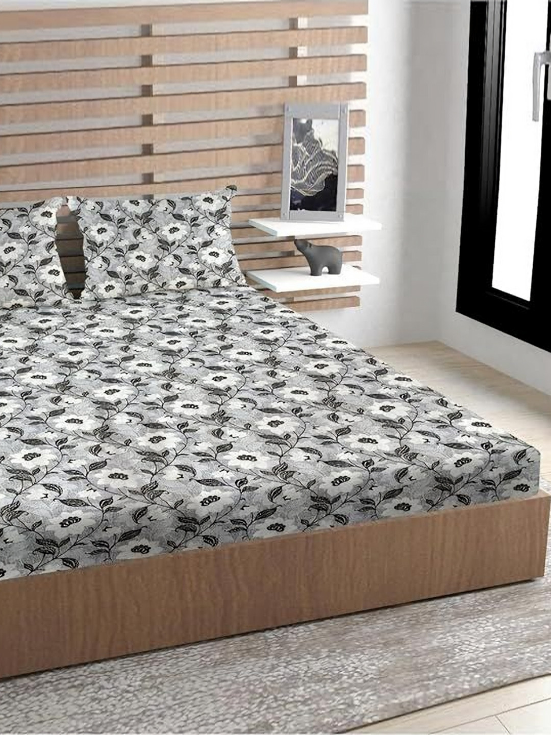 Urban Magic Grey Floral Microfiber 130 TC Queen Bedsheet with 2 Pillow Covers-215 x 210 cm