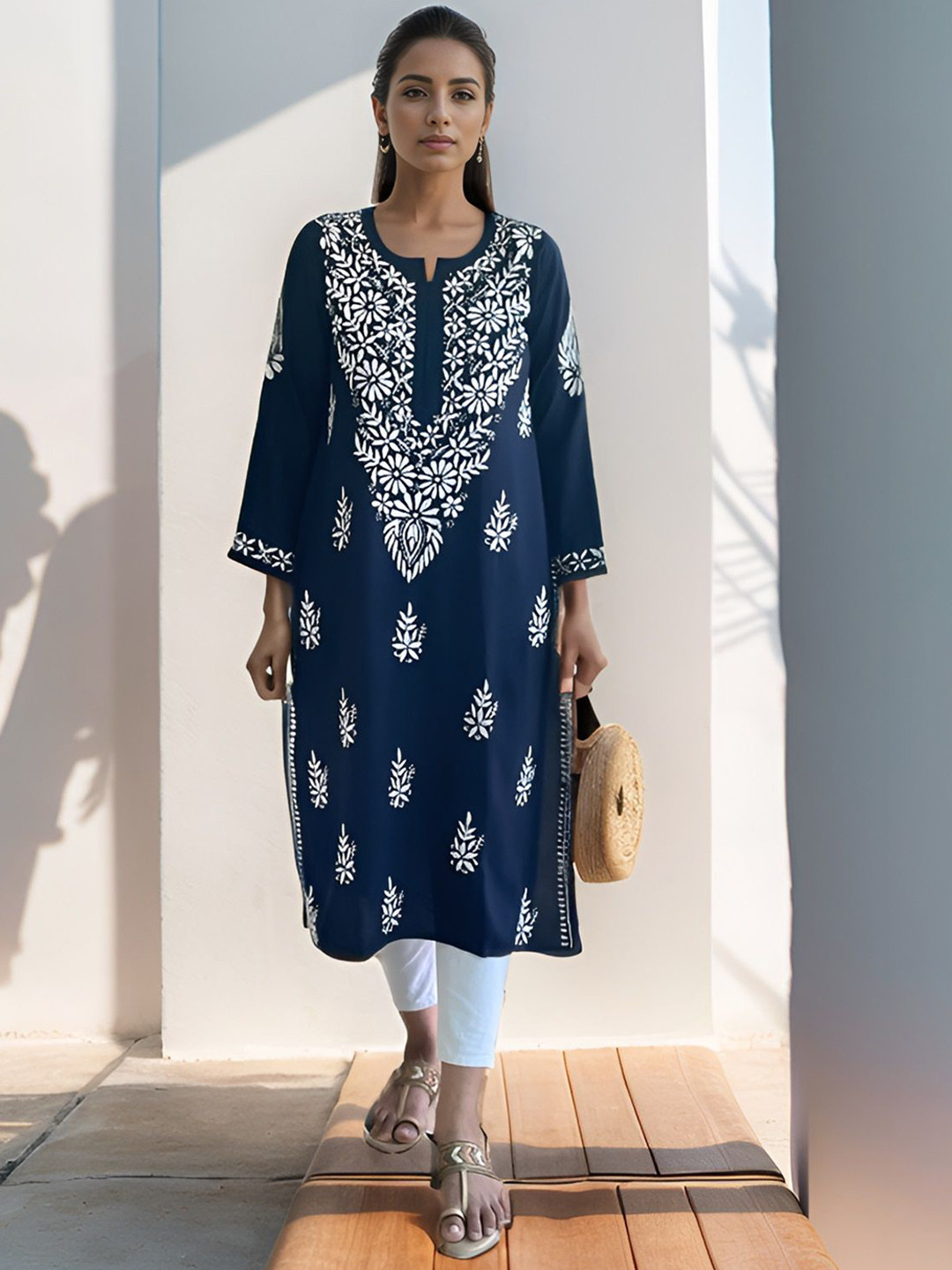 Elaasa Floral Embroidered Notch Neck Chikankari Straight Kurta