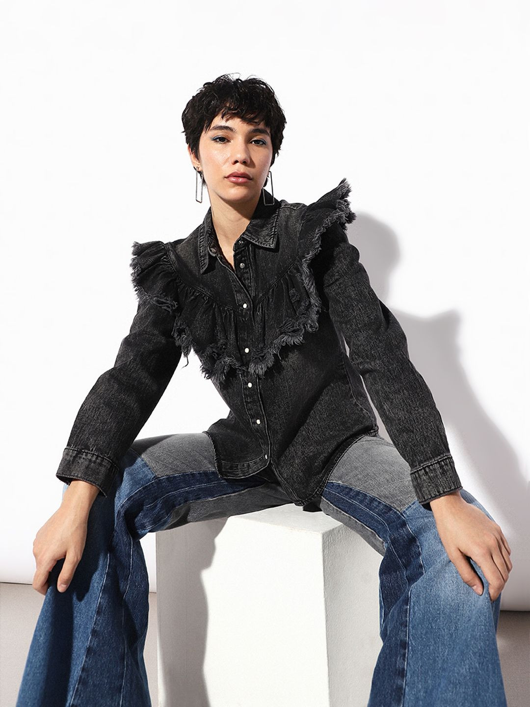 ONLY Women ONLBROADWAY Spread Collar Faded Dyed Denim Casual Shirt