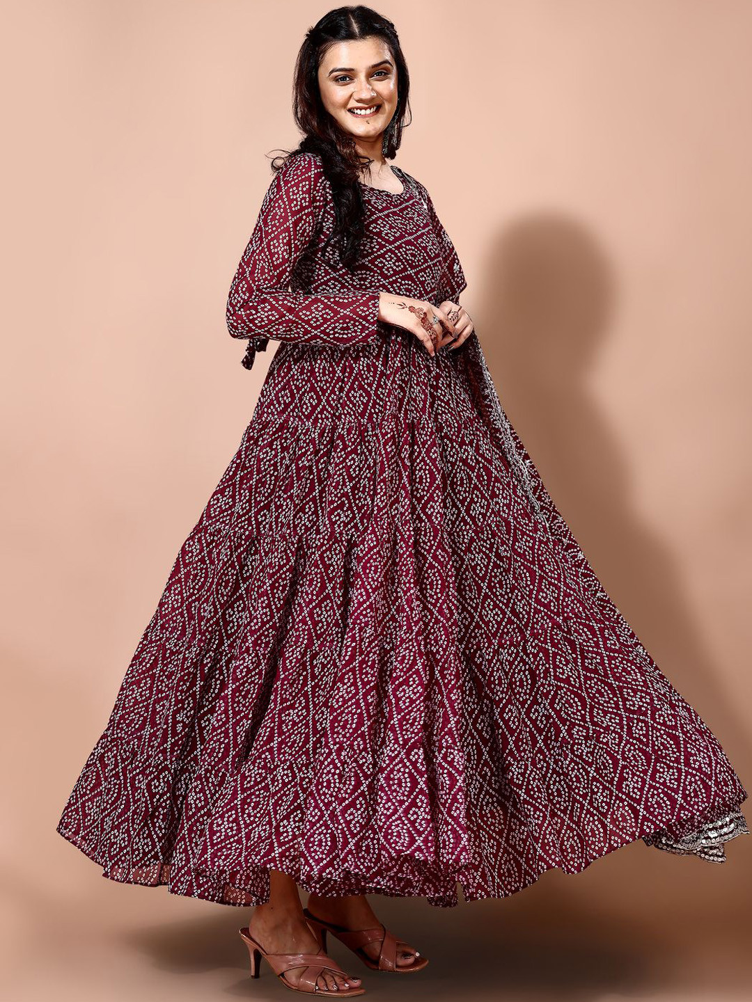 Fashionuma Bandhni Printed Tiered Round Neck Anarkali Kurta With Pyjamas & Dupatta