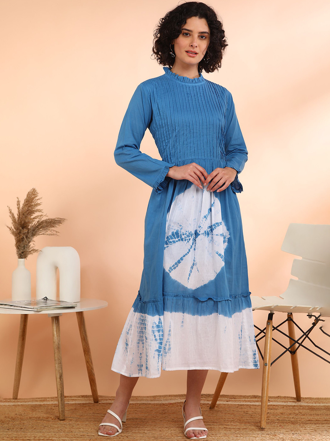 Maaesa Women Floral Cotton Blend Flared Light Blue Dress