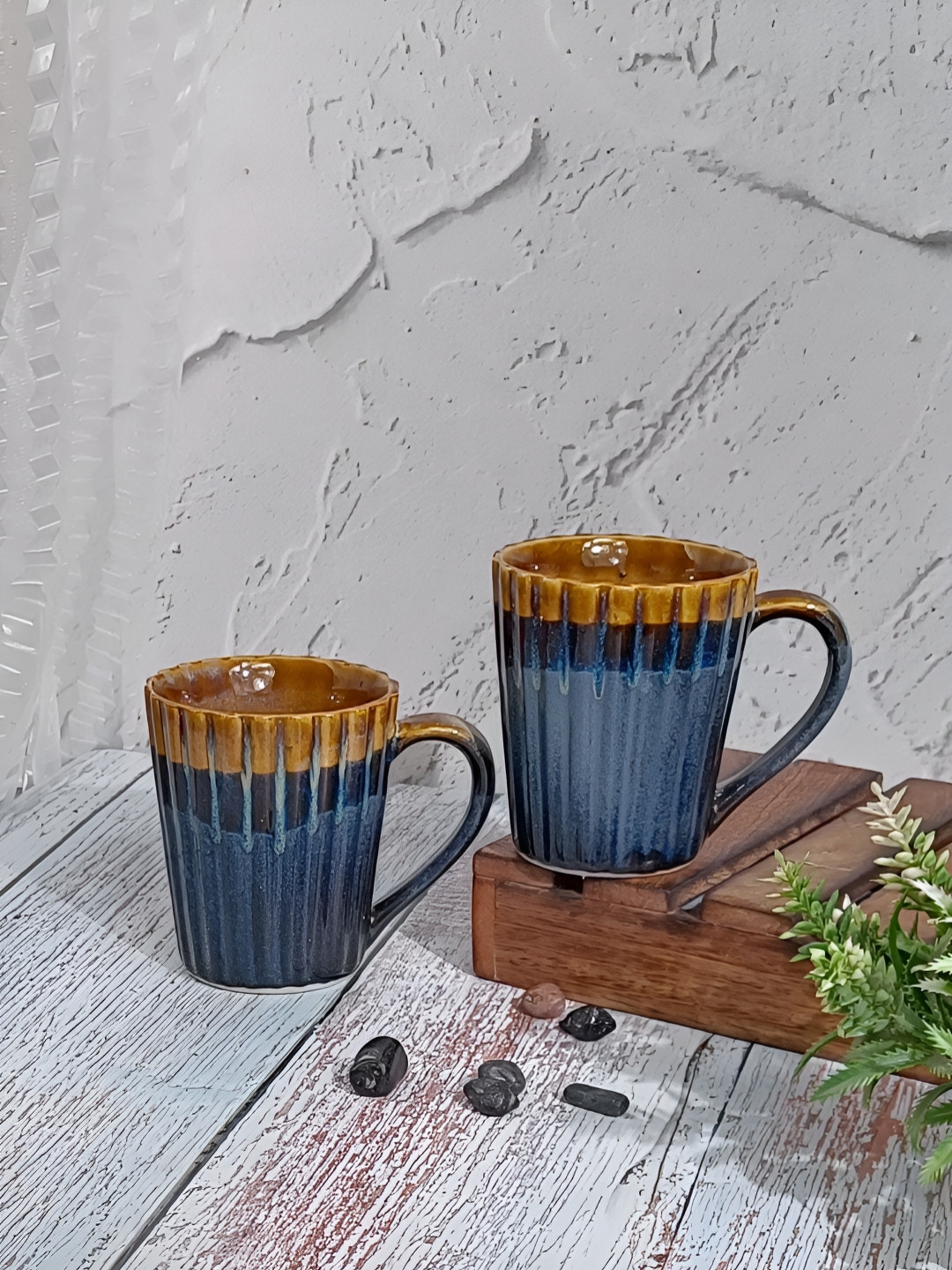 Myntra Elegant Homes Rakshabandhan Gift Blue Striped Ceramic Microwave Safe 2 Piece Mugs-325ml