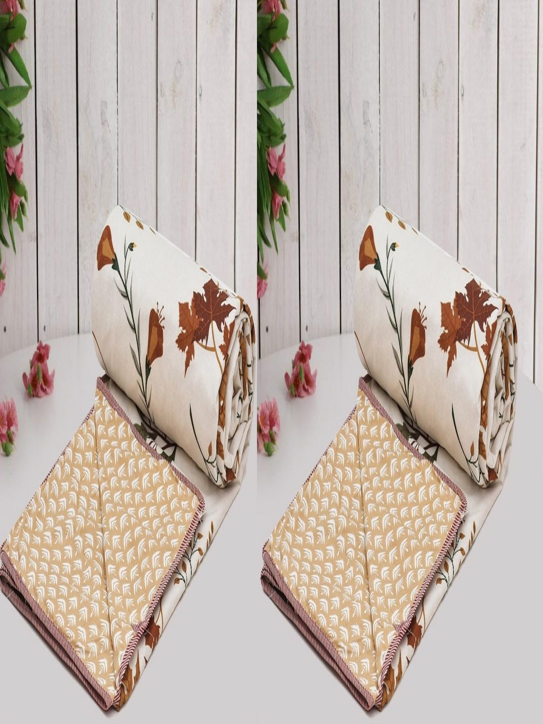 Myntra Elegant Homes Cream & Brown Floral 2 PCS 150 GSM Microfiber Summer Single Bed Dohar
