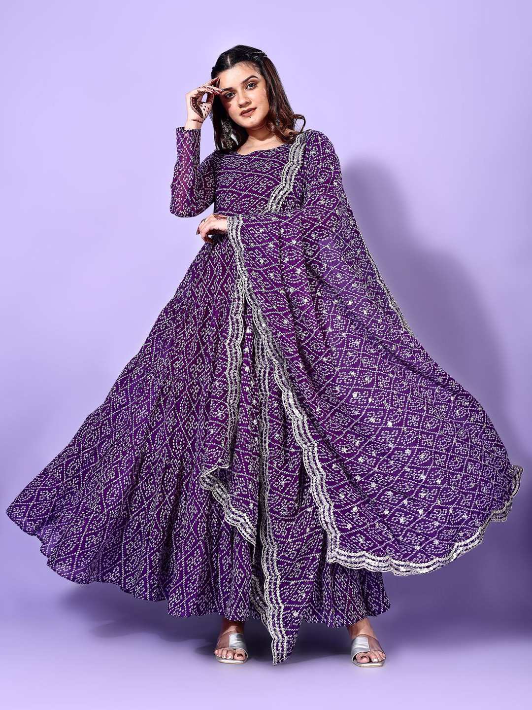 YOYO Fashion Bandhani Printed Georgette Tiered Anarkali Kurta With Pyjamas & Dupatta