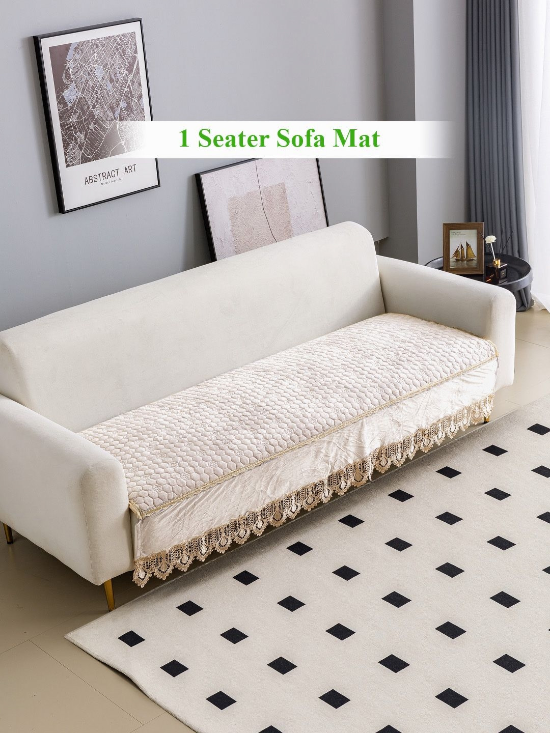 HOKIPO Beige & Black Premium Dutch Velvet Anti Slip 1 Seater Sofa Cover