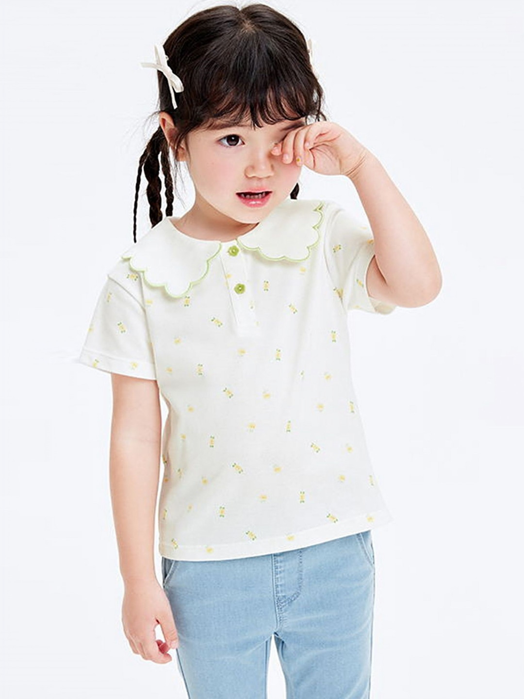 LULU & SKY Girls Conversational Printed Peter Pan Collar Cotton T-shirt