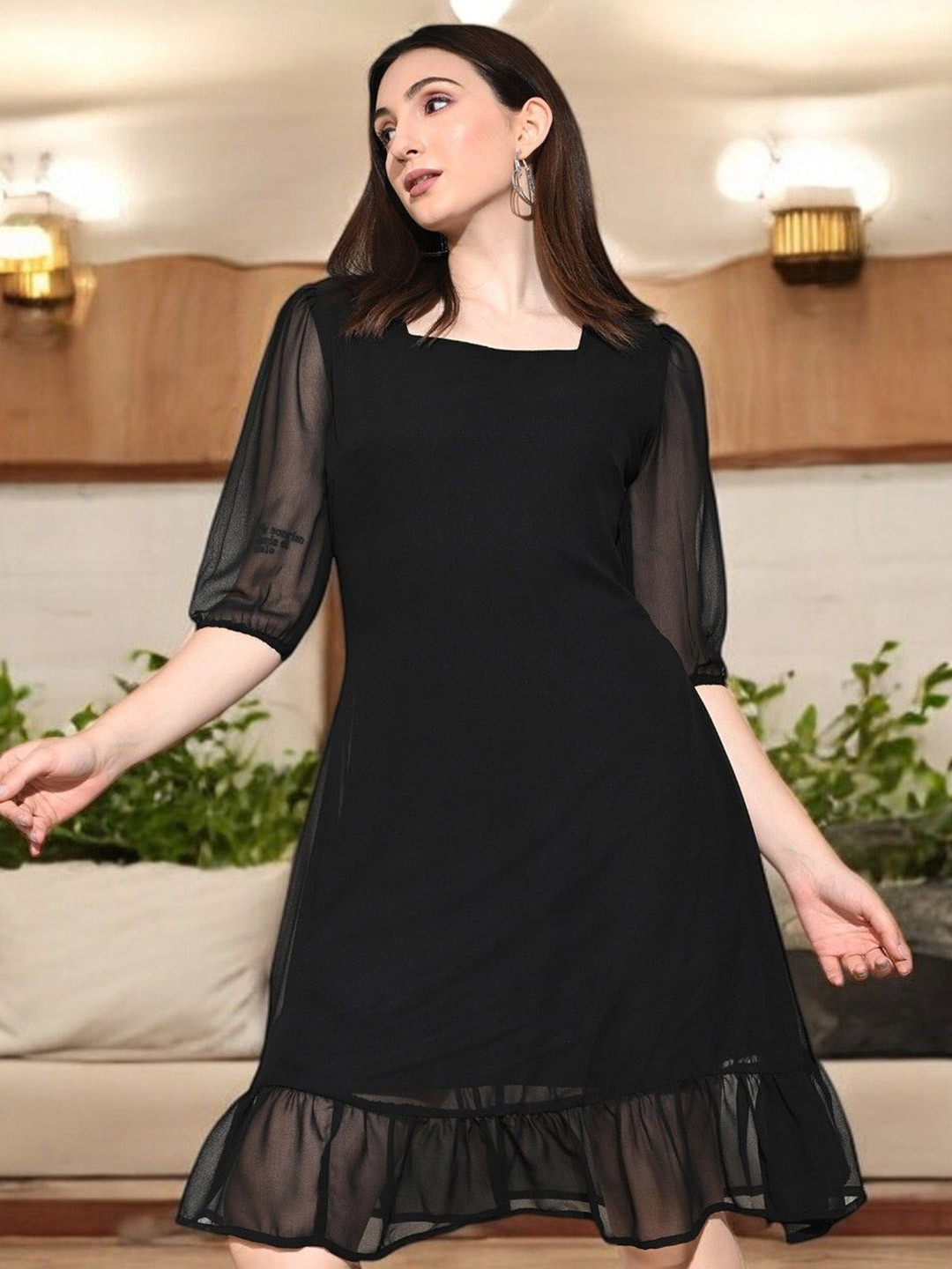 IUGA Georgette Square Neck Semi Sheer A-Line Dress