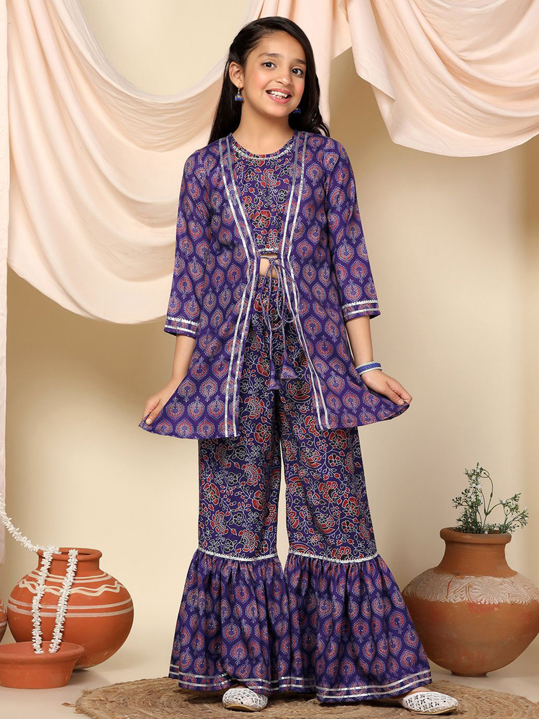 Sangria Girls Floral Printed Round Neck Crop Top And Shrug With Sharara