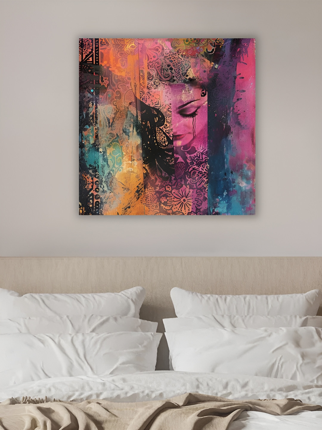 Art Street Woman With Colorful View Canvas Wall Square Paintings Wall Art -22 x 22 In