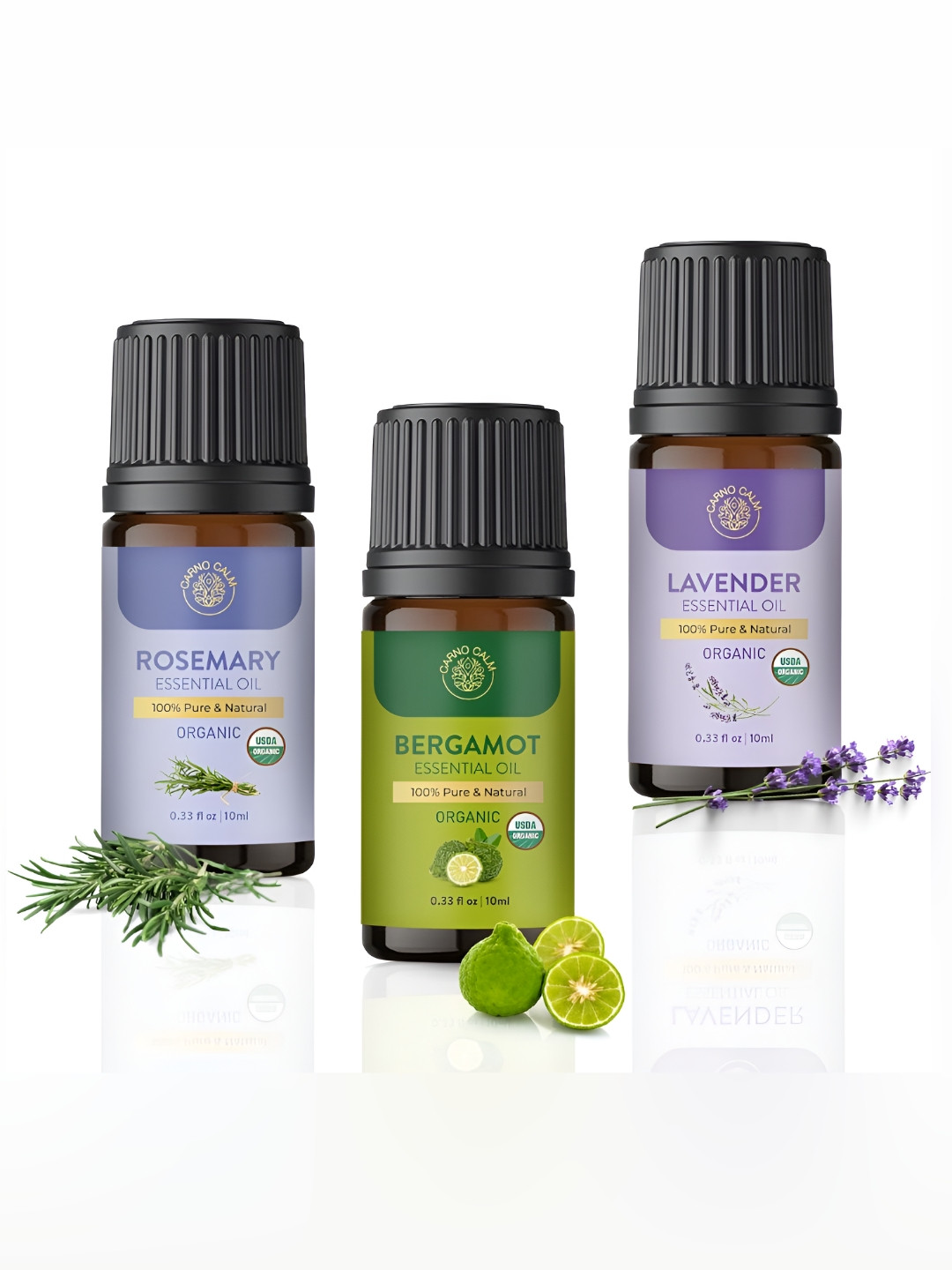 Carno Calm 3 Pcs Green Rosemary Lavender & Bergamot Essential Oils -10 ml
