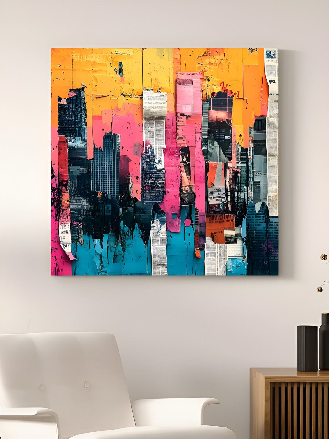 Art Street Yellow & Pink Streched City Views Abstract Canvas Wall Art