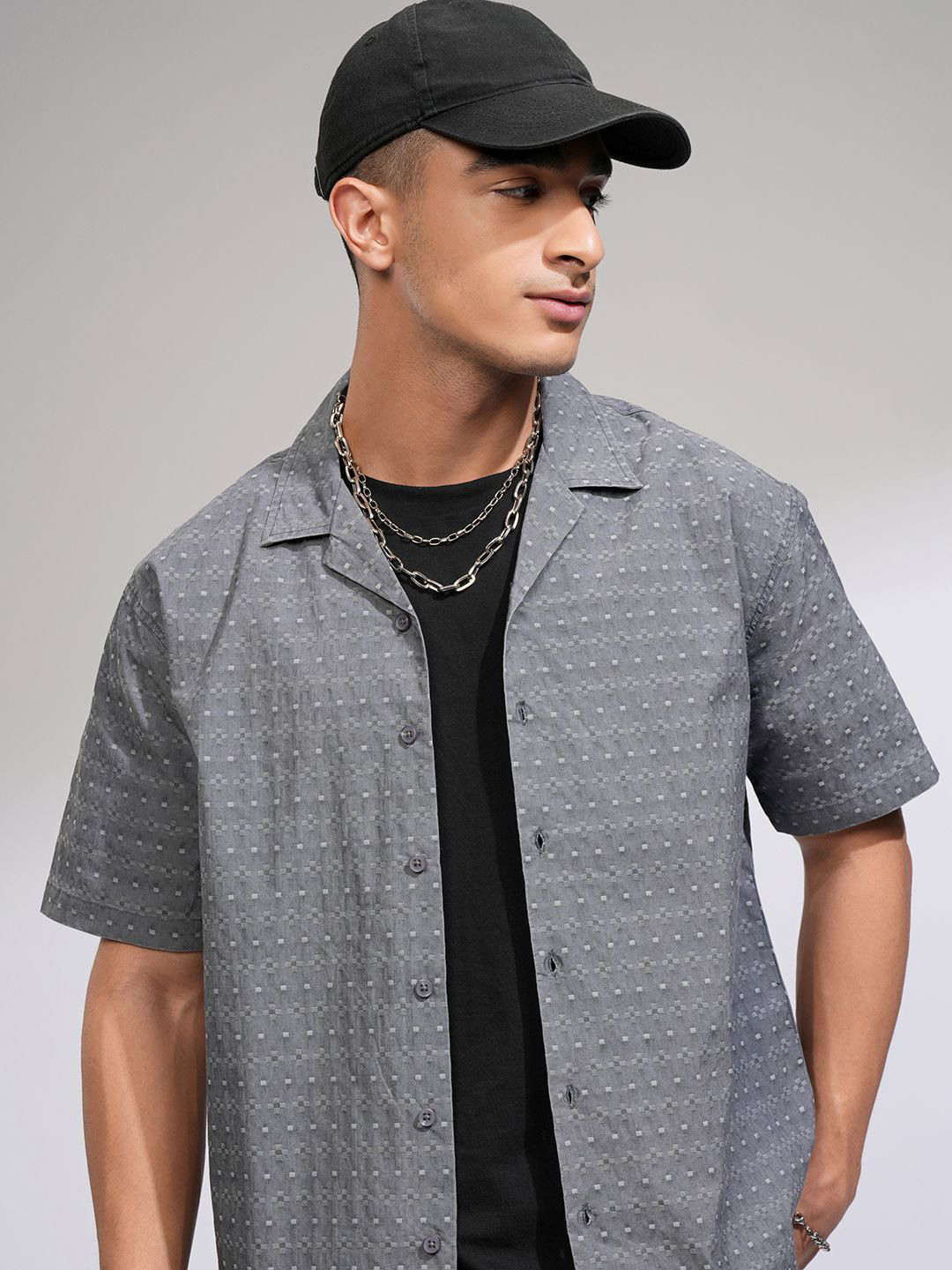 HIGHLANDER Men Sulphur Washed Textured Cuban Collar Relaxed Shirt