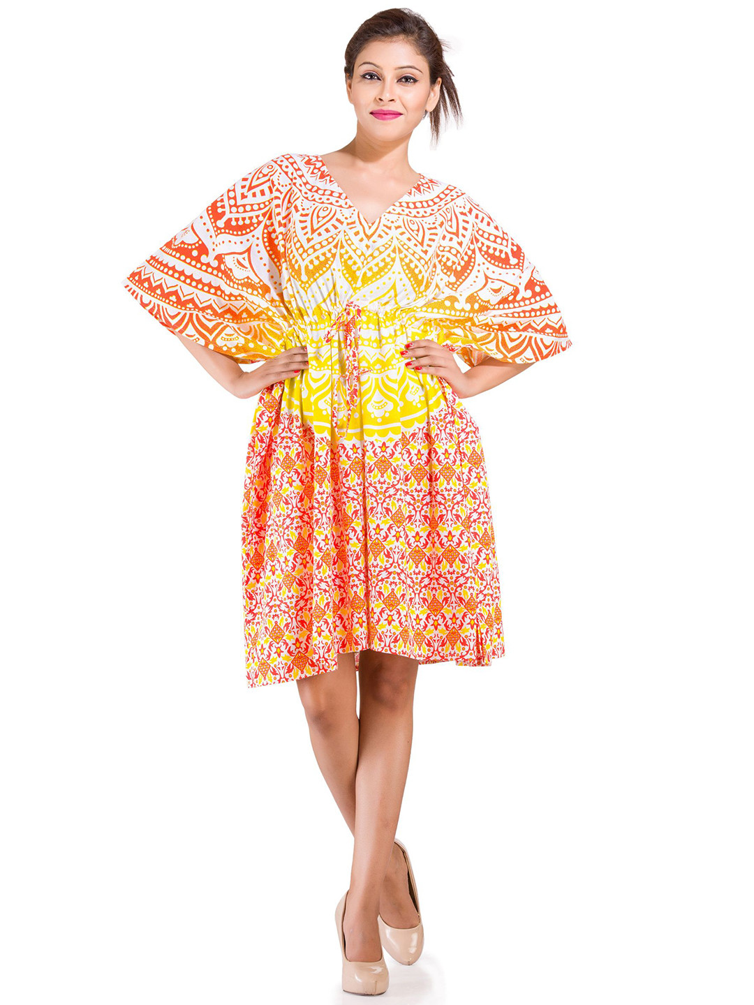 HANDICRAFT PALACE Ombre Mandala Printed Pure Cotton Kaftan Dress