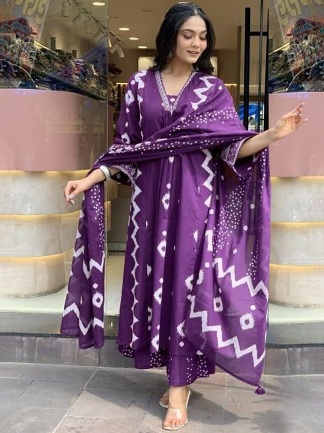 GoSriKi Chakrika Geometric Printed V-Neck Pleated Anarkali Kurta With Trousers & Dupatta