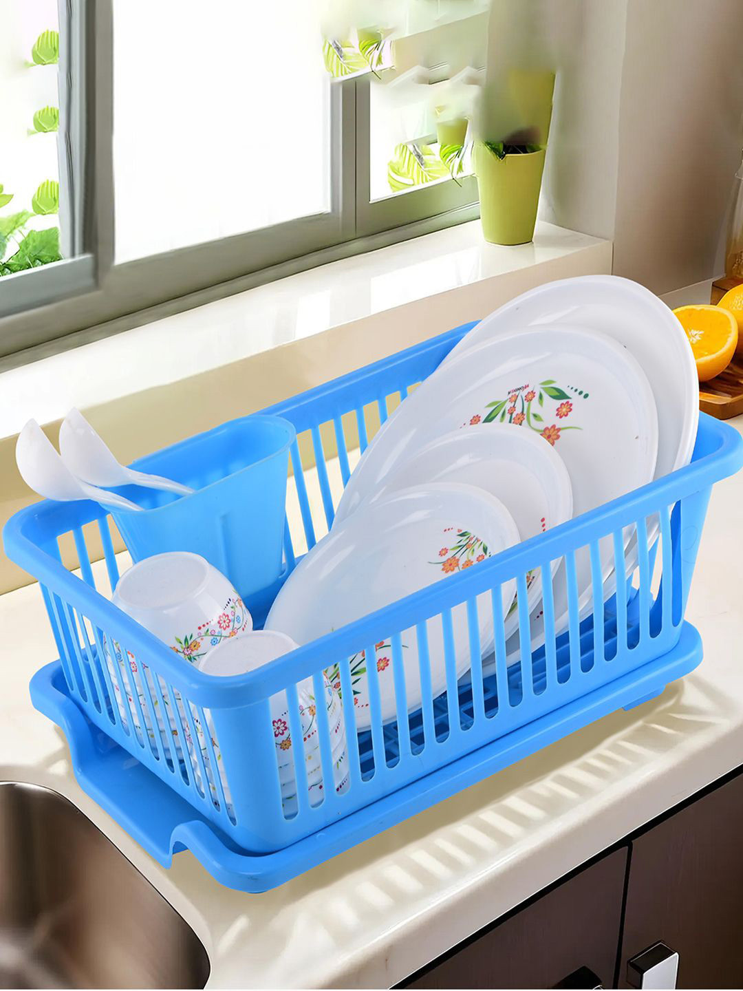 Kuber Industries Blue 3-in-1 Plastic Dish Drainer Kitchen Basket