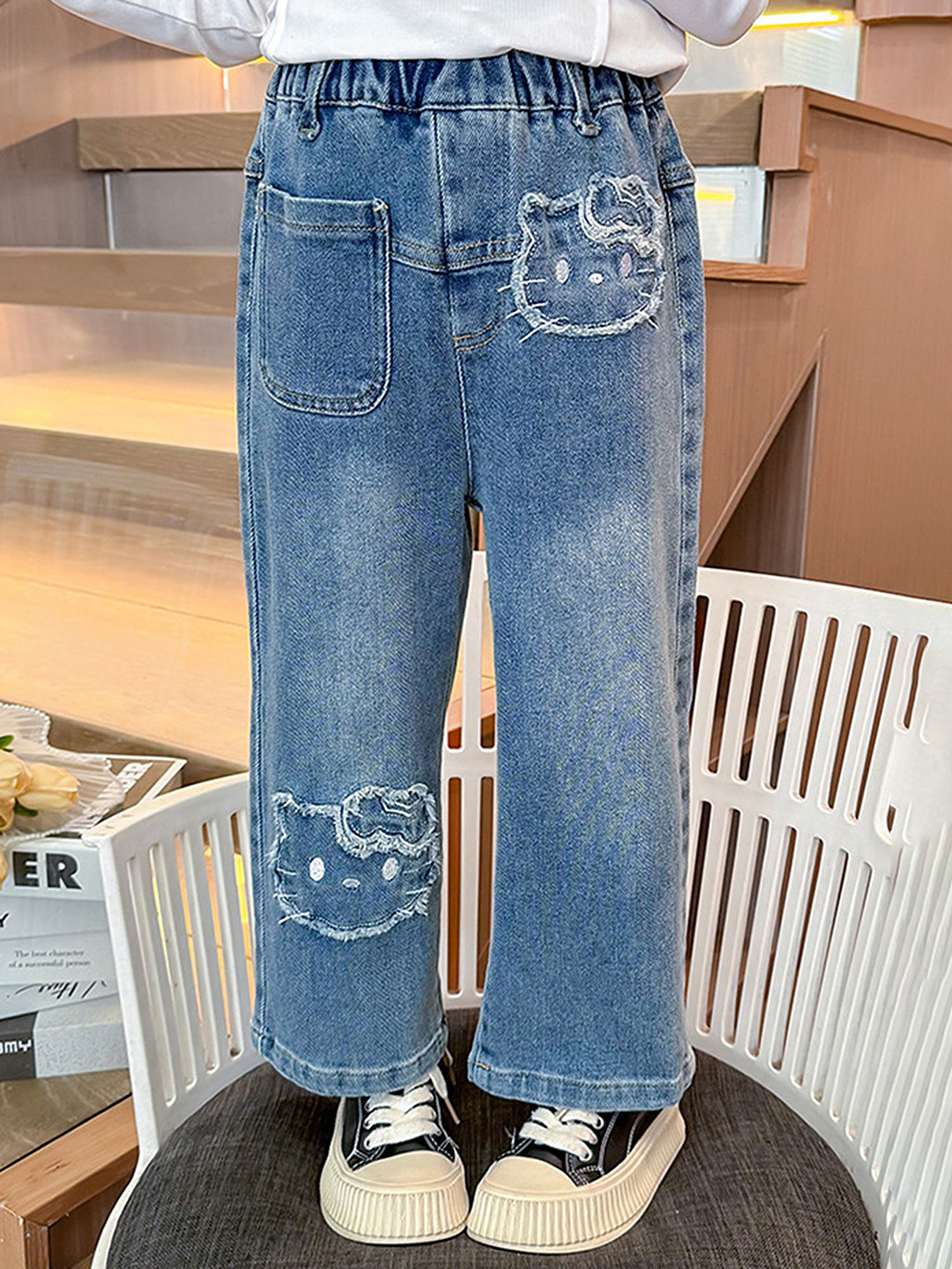 LULU & SKY Girls Mid-Rise Light Fade Distressed Kitty Design Jeans