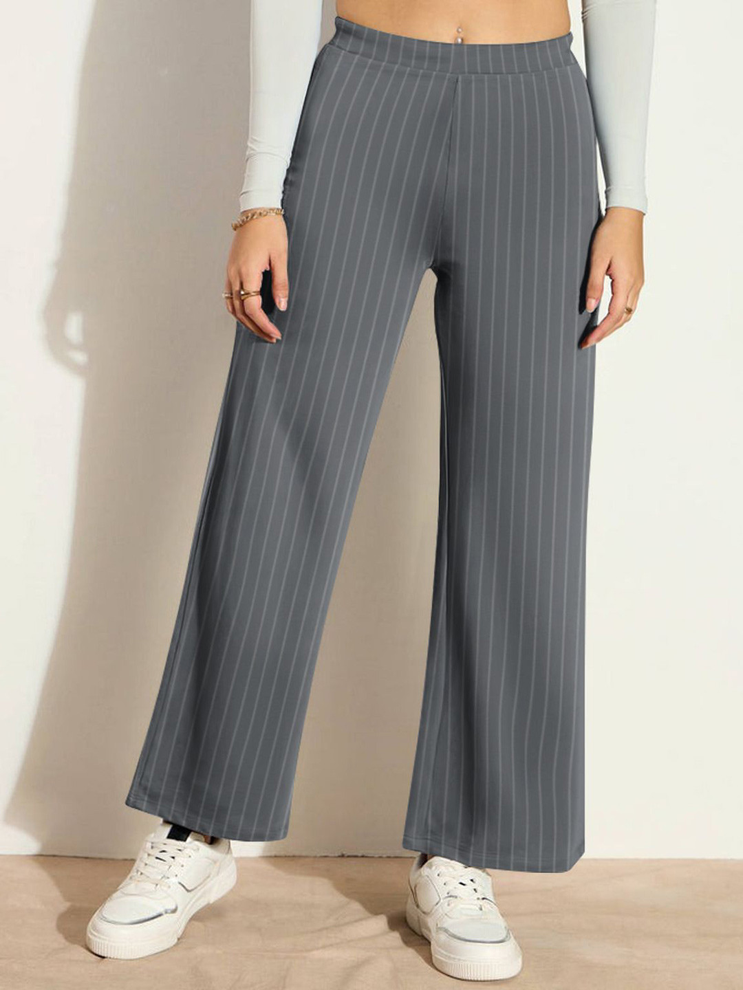 HELLCAT Women Cotton Striped High-Rise Trousers