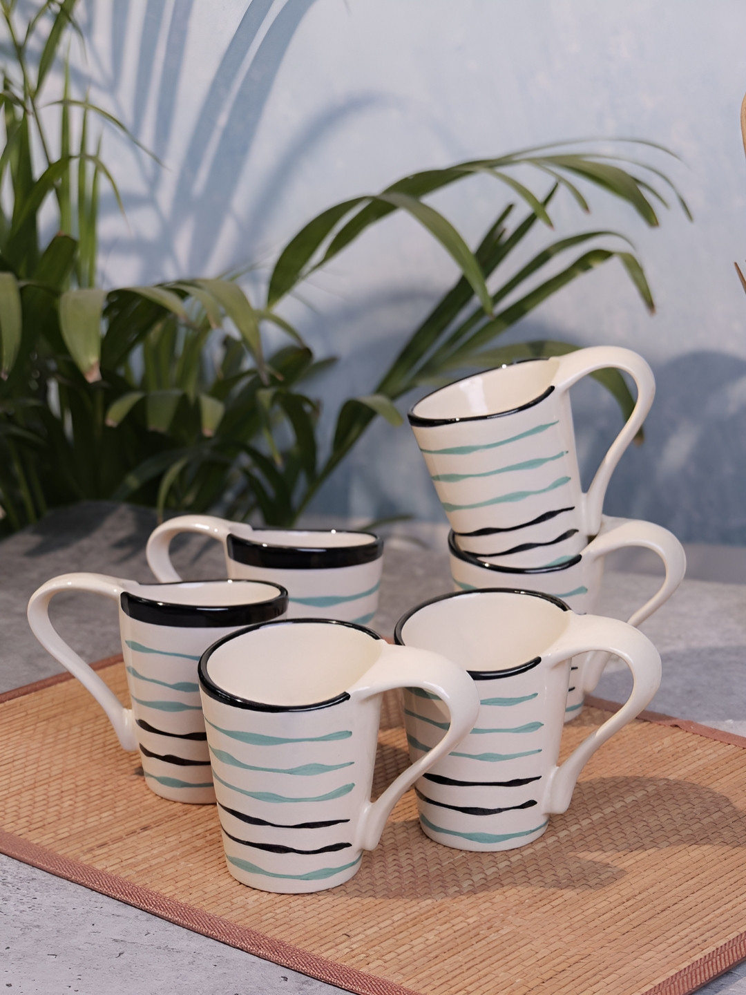 Myntra Elegant Homes Premia Series Grandeur Off White Striped Ceramic Microwave Safe 6 Piece Cups-150ml