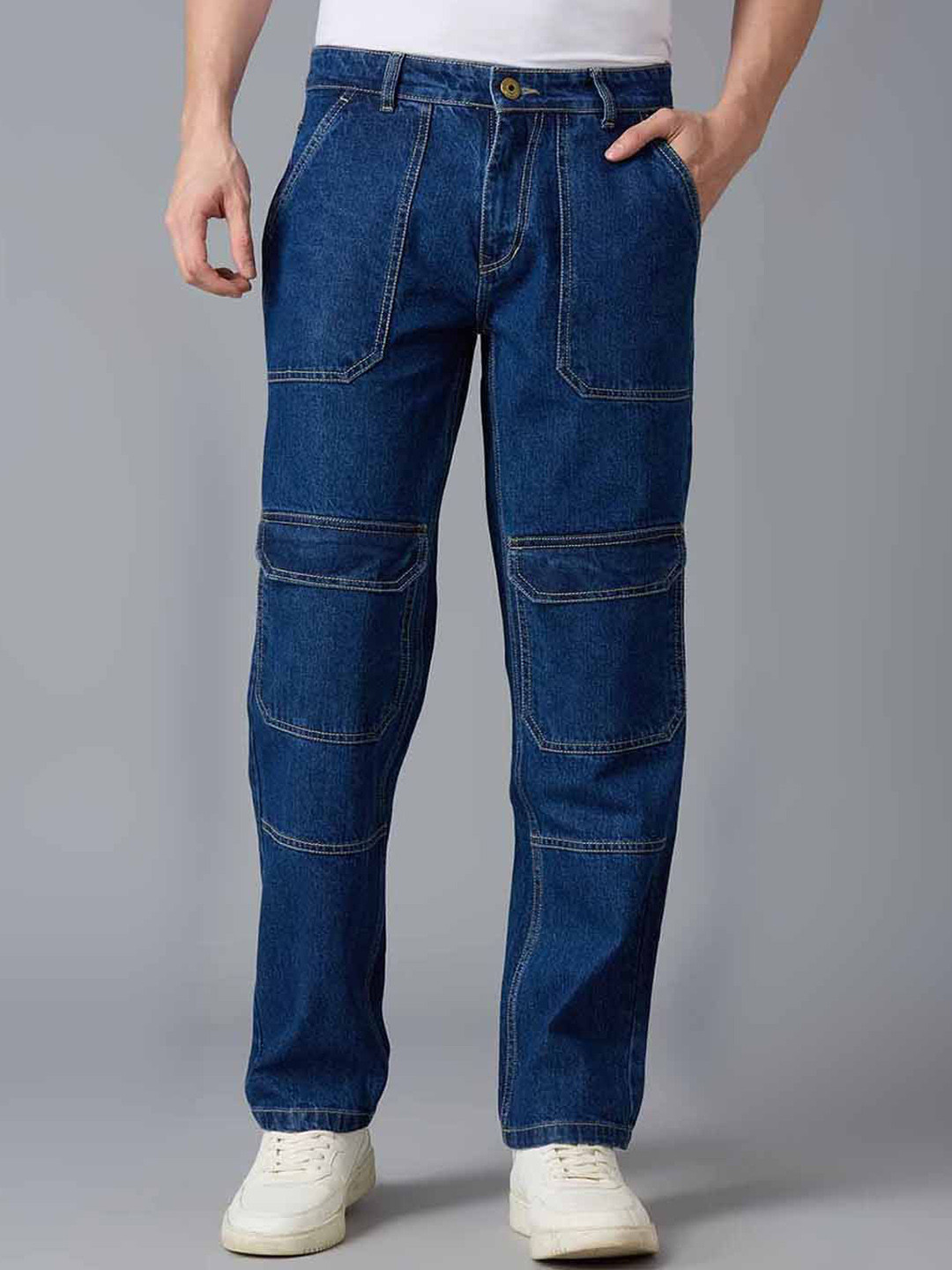 TCI Men Mid-Rise Relaxed Straight Fit Indigo Cargos Trousers
