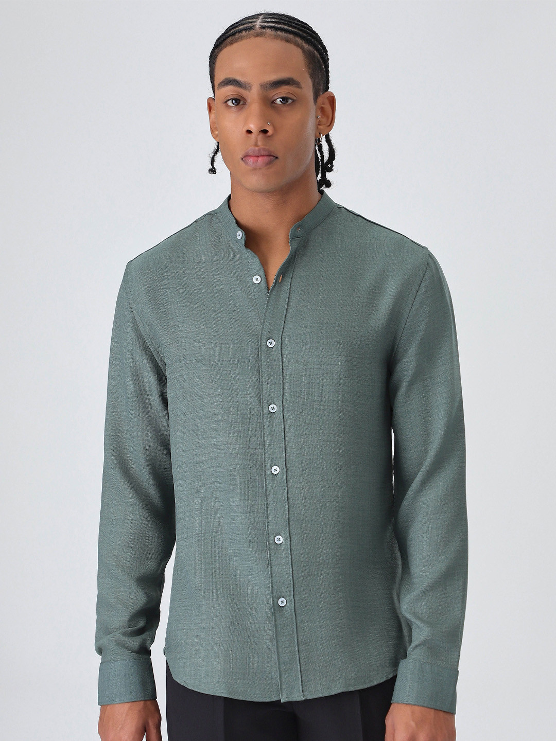 Banana Club Men Fern Green Mandarin Collar Shirt