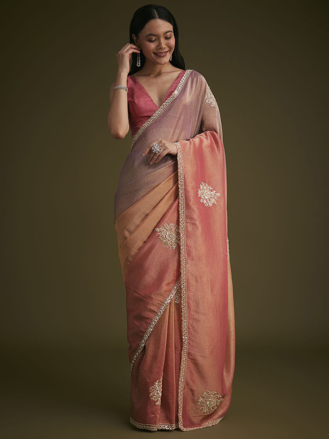 KALKI Fashion Embellished Beads and Stones Triple Shaded Tissue Designer Saree