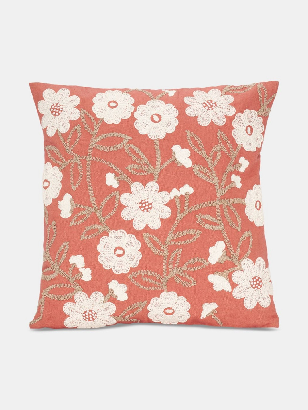 Living scapes by Pantaloons Rust and White Floral Embroidered Cotton Square Cushion Cover