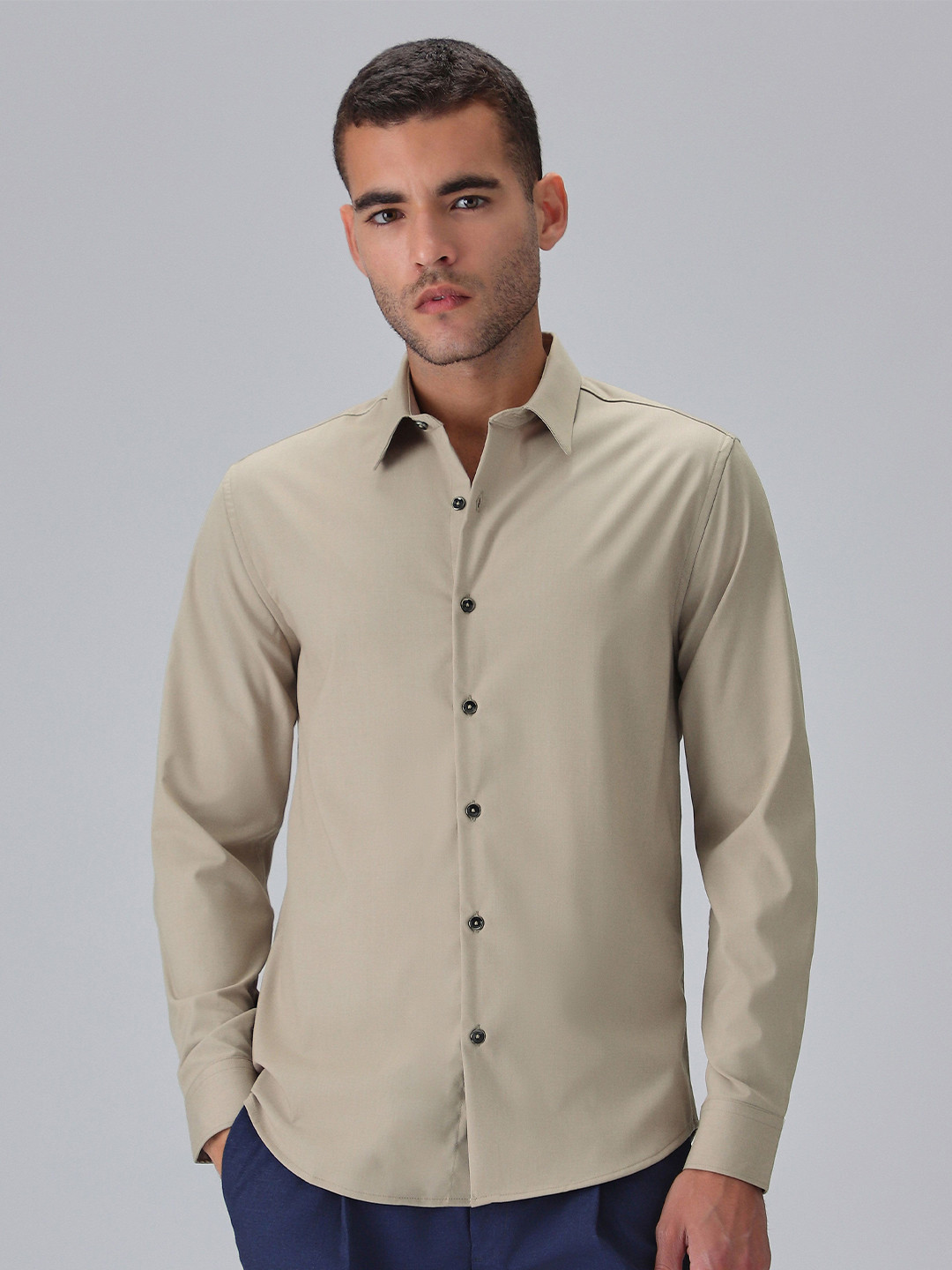 Banana Club Men Melange Tan Wrinkle Free Shirt
