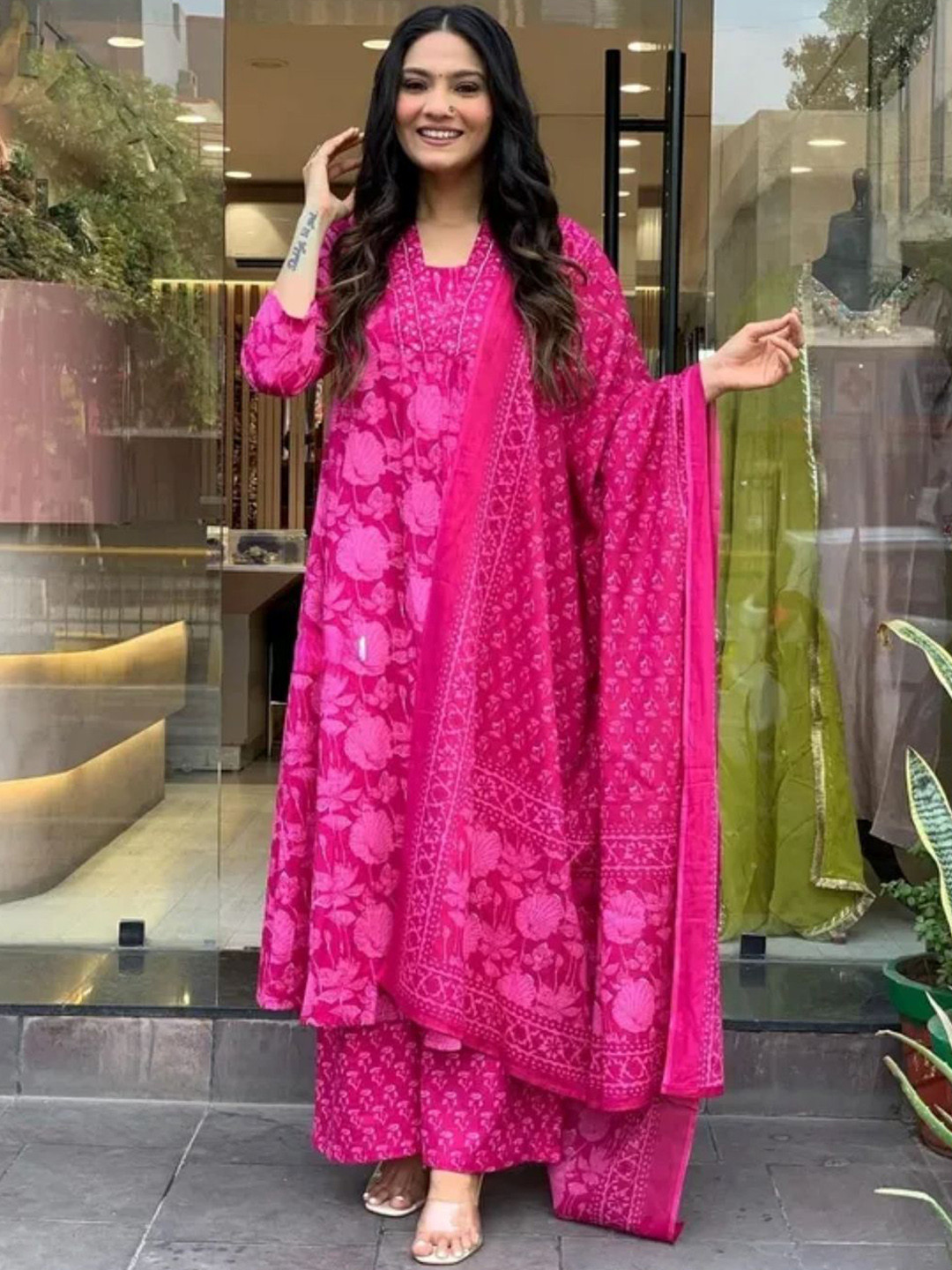 PARTHVI Floral Printed V-Neck Pure Cotton Pleated A-Line Kurta With Trousers & Dupatta