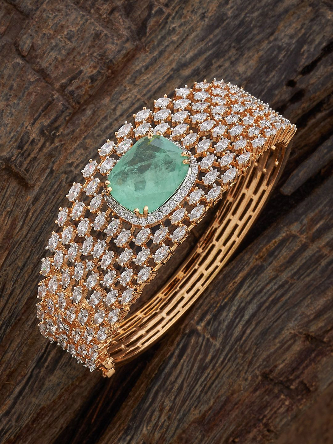 Kushal's Fashion Jewellery Gold-Plated Green Cubic Zircon Embellished Bridal Kada Bangle