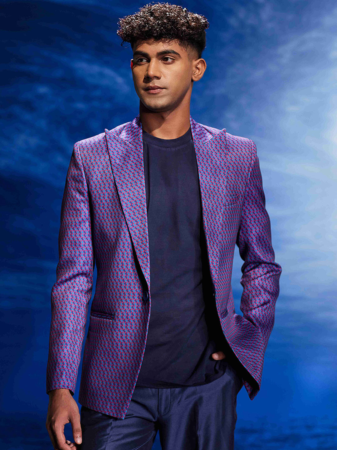 Eleven Brothers Amethyst Twill Printed Notched Lapel Collar Single Breasted Blazer