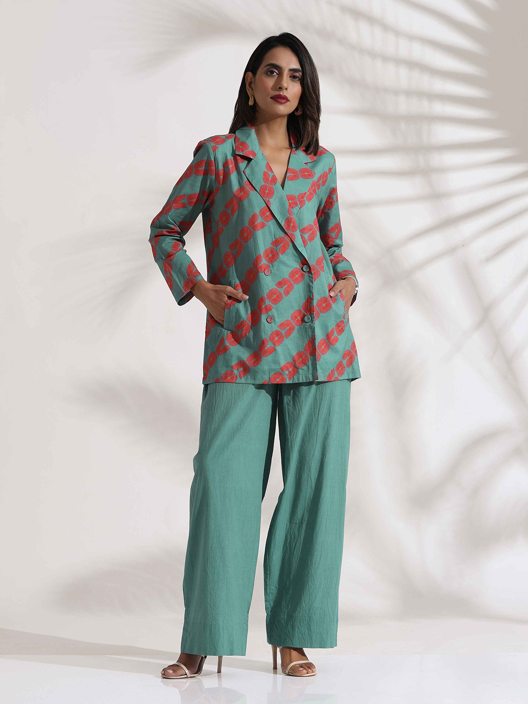 trueBrowns Green Printed Cotton Jacket Top Co-Ord Set