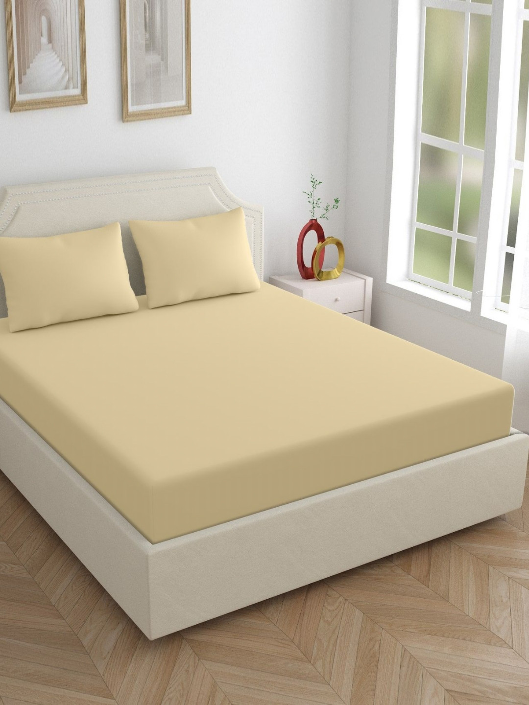 Aura Khaki Polycotton 300 TC Double Fine Bedsheet with a Pillow Cover-60 x 90 inches