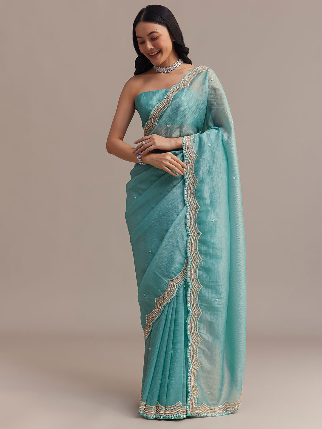 KALKI Fashion Embroidered Tissue Saree With Sequins Embellished Scallop Border