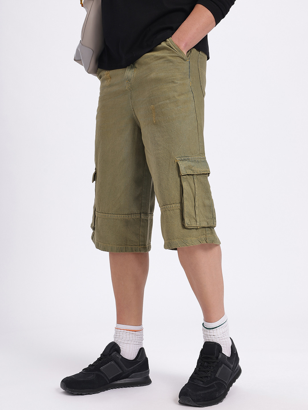 Kook N Keech Men Olive Green Cargo Denim Shorts