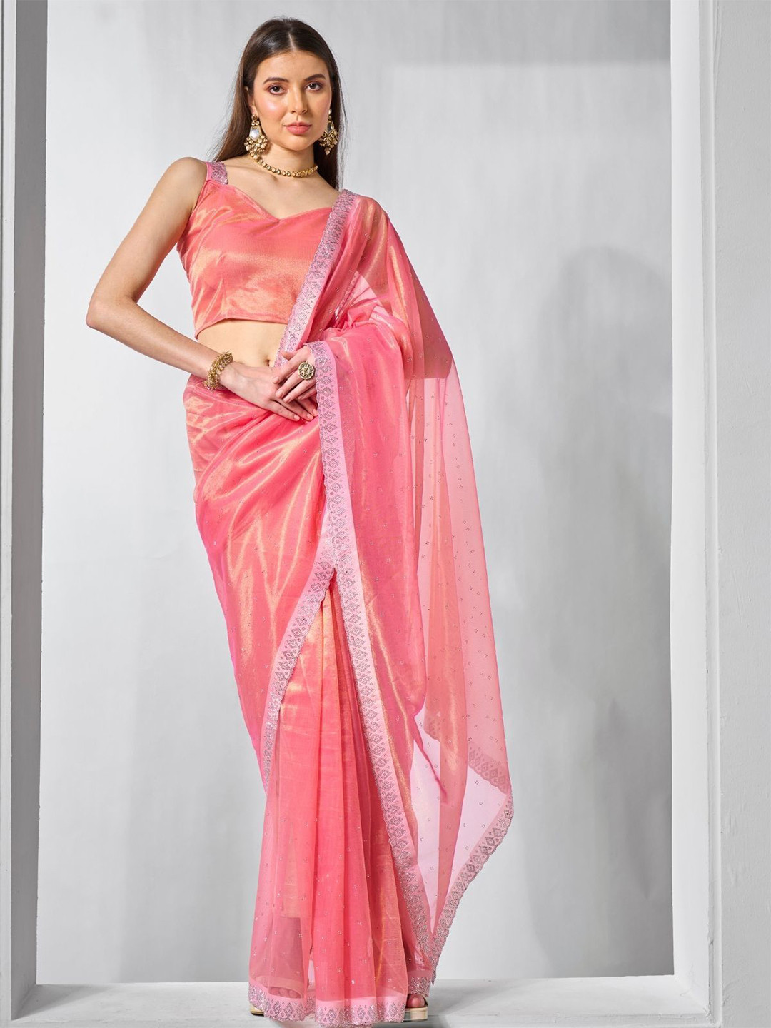 ODETTE  Women Peach Net Embellished Saree With Unstitched Blouse