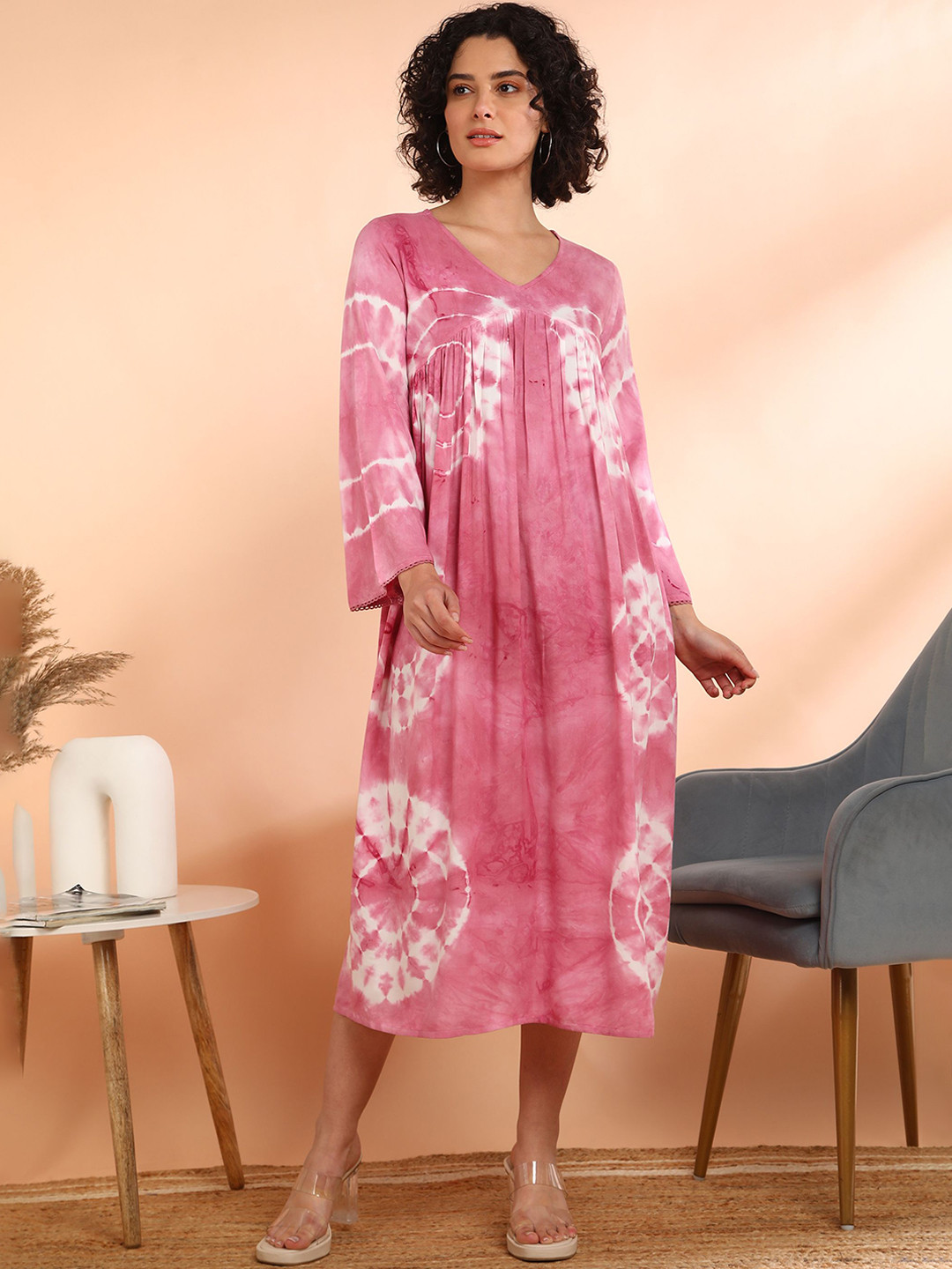 Maaesa Women Printed Rayon Flared Pink Dress