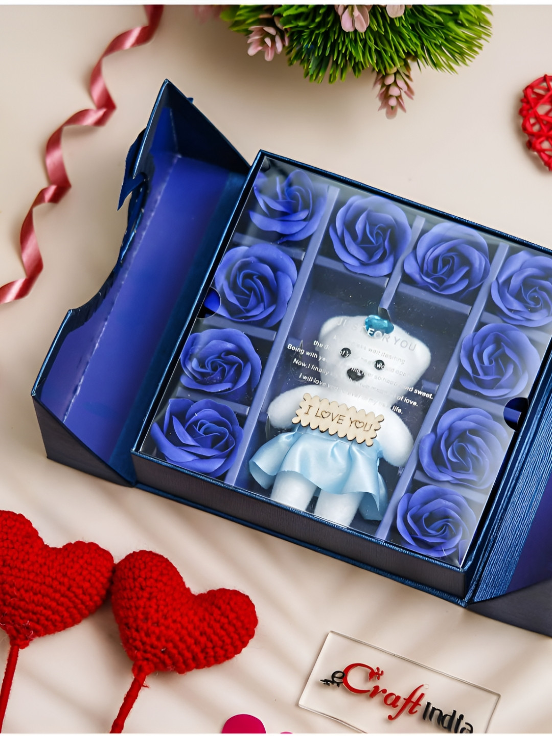 eCraftIndia Blue & White Cute Teddy Bear With Roses Home Valentine Gift Set
