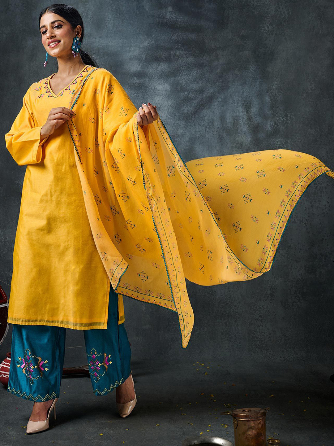 Phulkari Forever Geometric Yoke Design Pure Chanderi Kurta With Palazzos & Dupatta