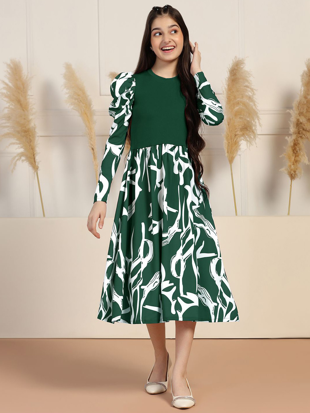 YK Girls Printed Puff Sleeve Fit & Flare Midi Dress