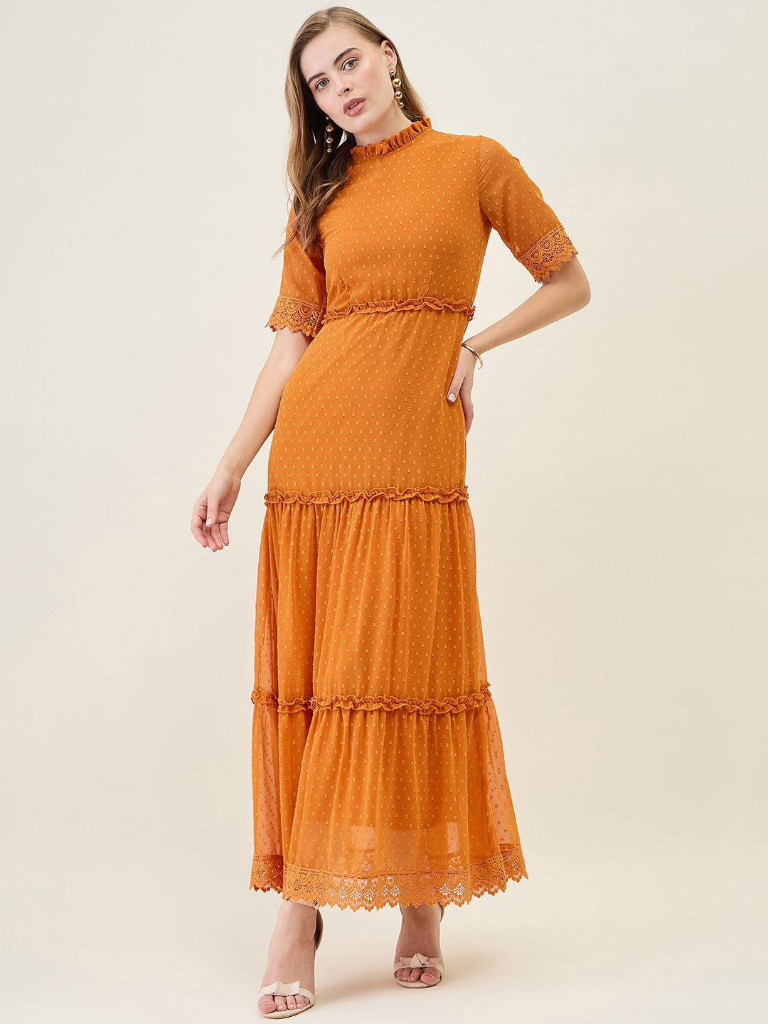 aayu Ruffled Georgette Solid Pattern Maxi Dress