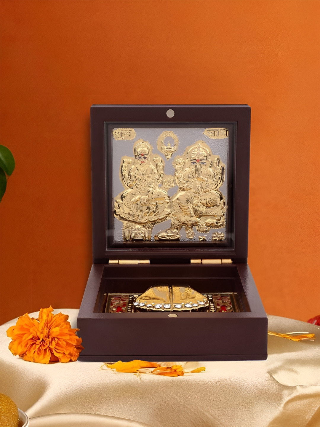 INTERNATIONAL GIFT Laxmi Ganesh Frame with Charan Paduka Gold Metal Metallic Prayer Room Small Showpiece - 3 Inches