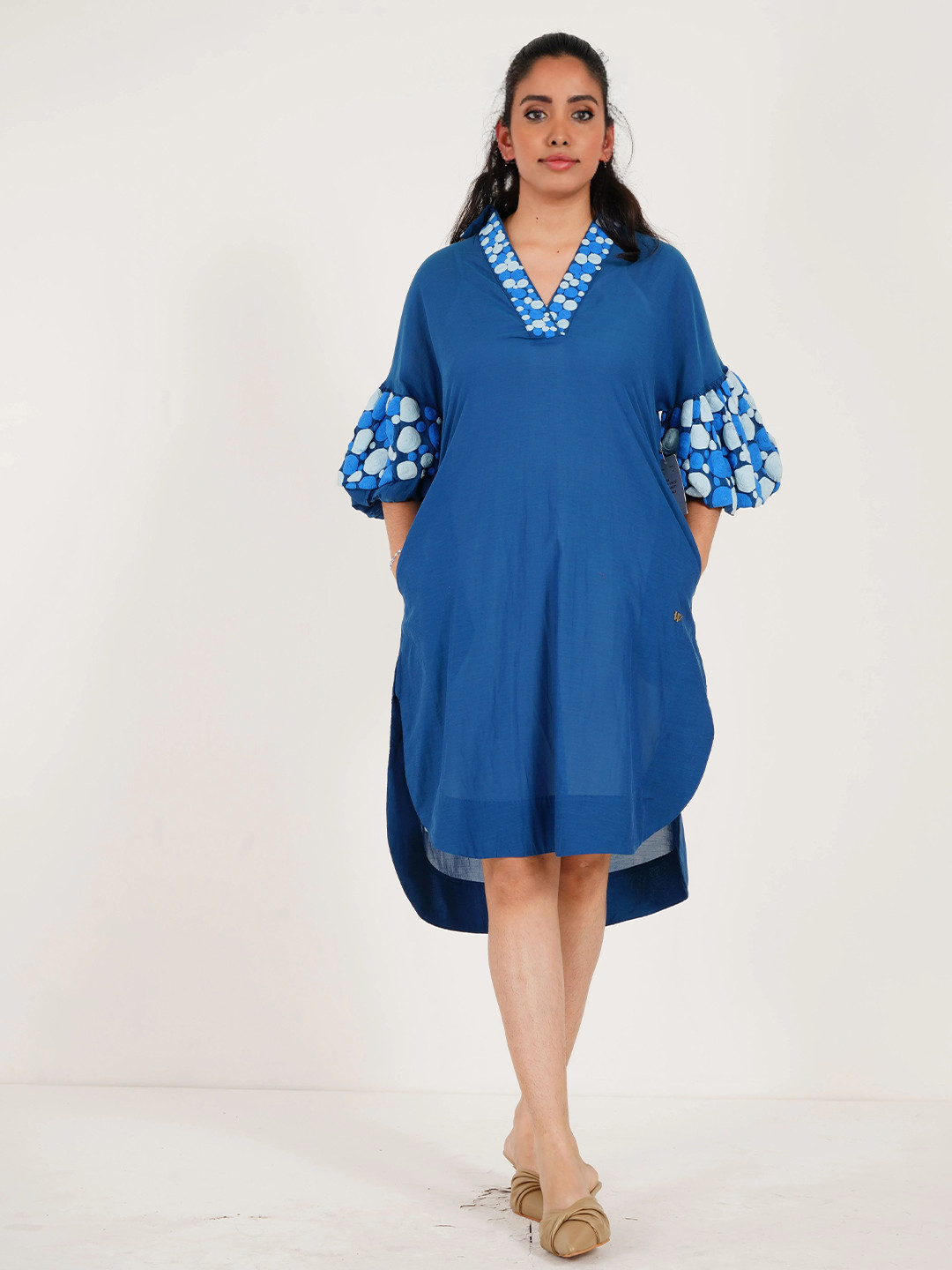 Western Era Cotton Puff Sleeve Embroidered A-Line Dress