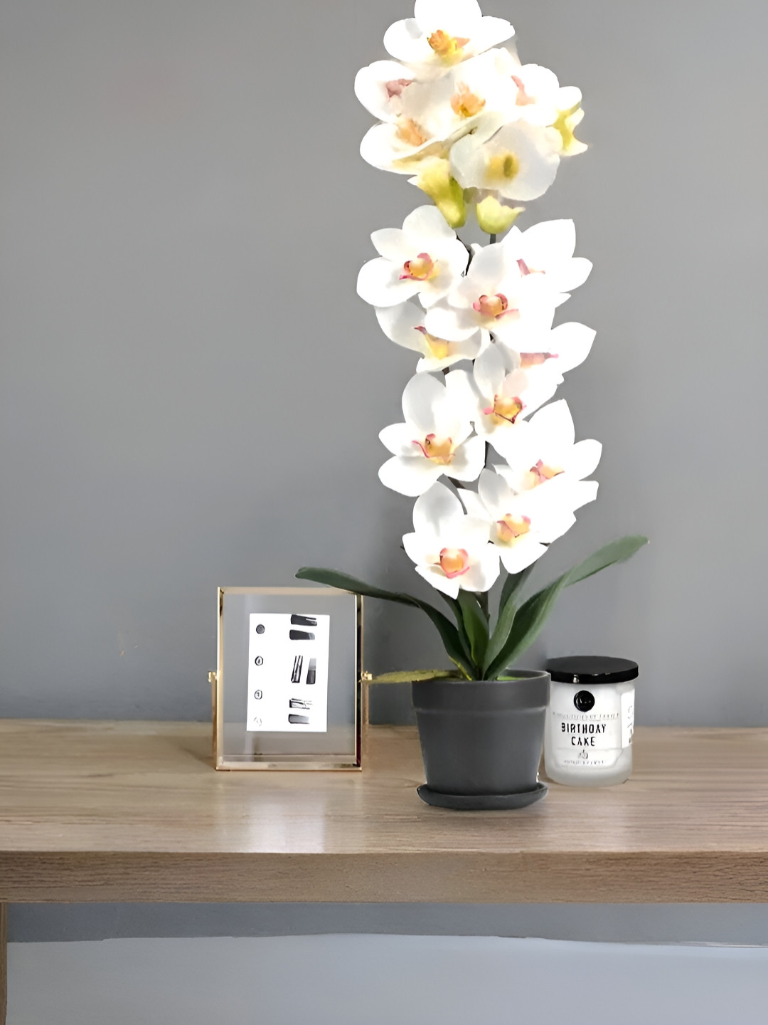 Royaloak White Ten Heads Whelan Orchid Artificial Flower With Pot