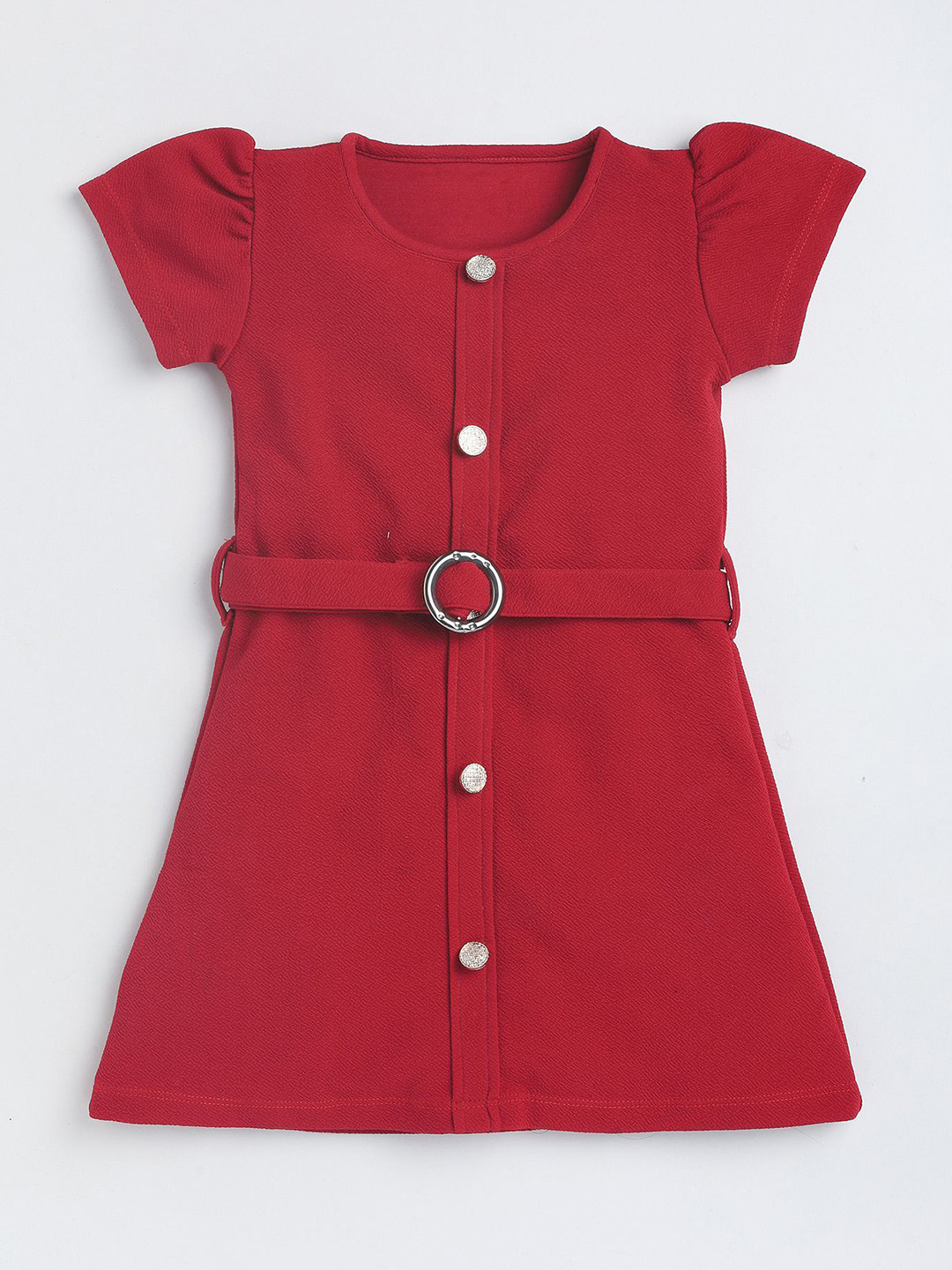 YK Girl Round Neck Puff Sleeves Knee Length Belted A-Line  Dress