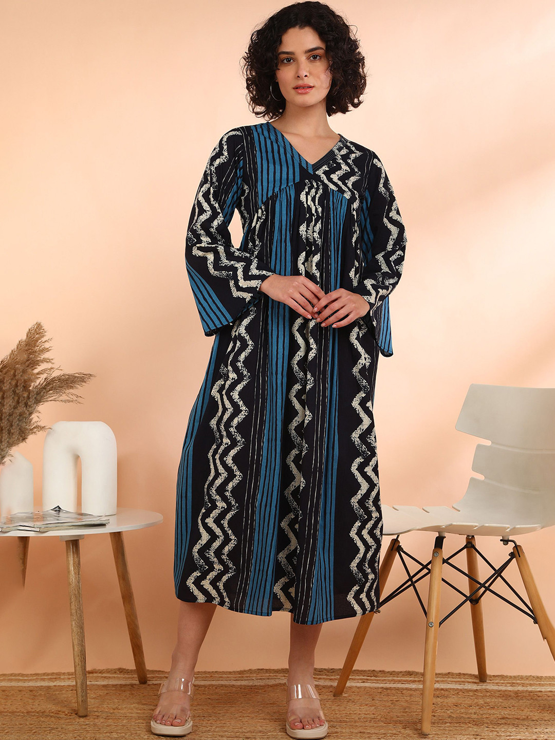 Maaesa Women Flared Cotton Blend Floral Print Black Dress