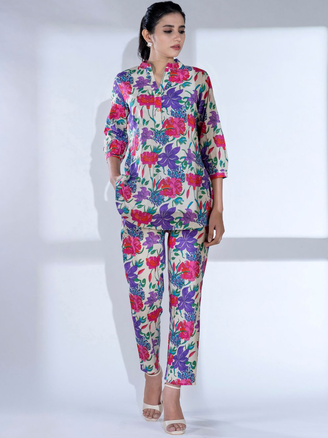 Readiprint Printed Mandarin Collar Pure Cotton Curved Style Tunic With Trousers